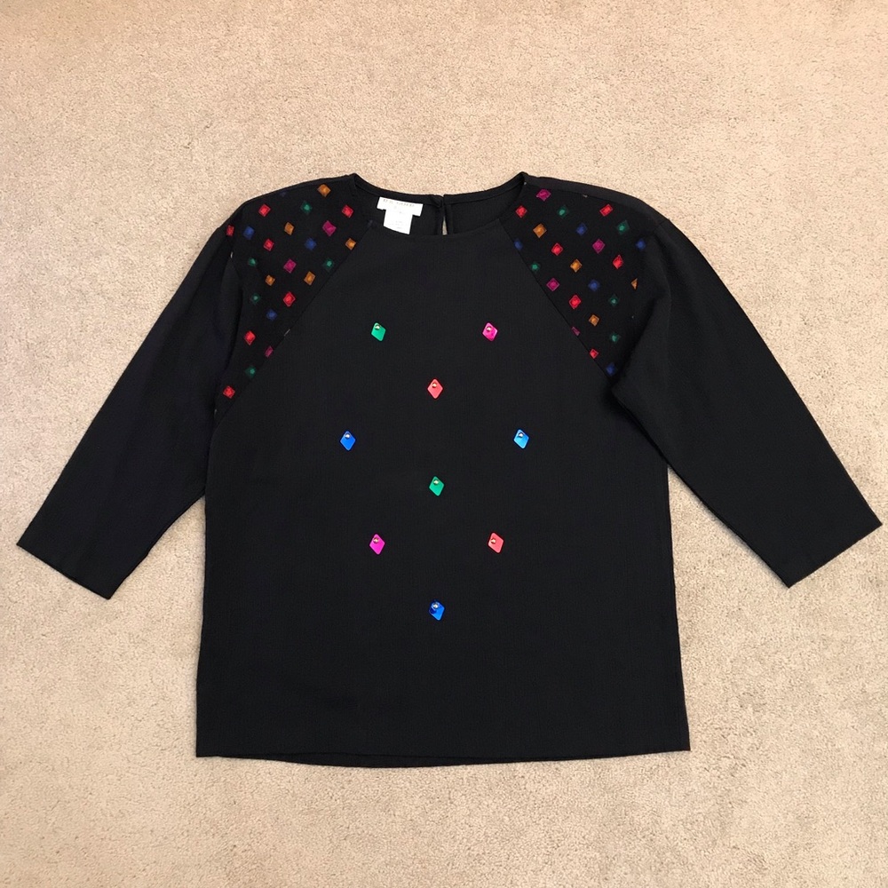 Vintage 80s Donnkenny Wearable Art Blouse Womens Small Black Made In USA Pop Art